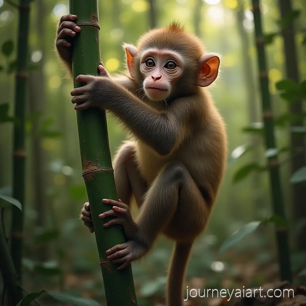 Monkey-Climbing-Slippery-Bamboo-in-Rainforest-Environment