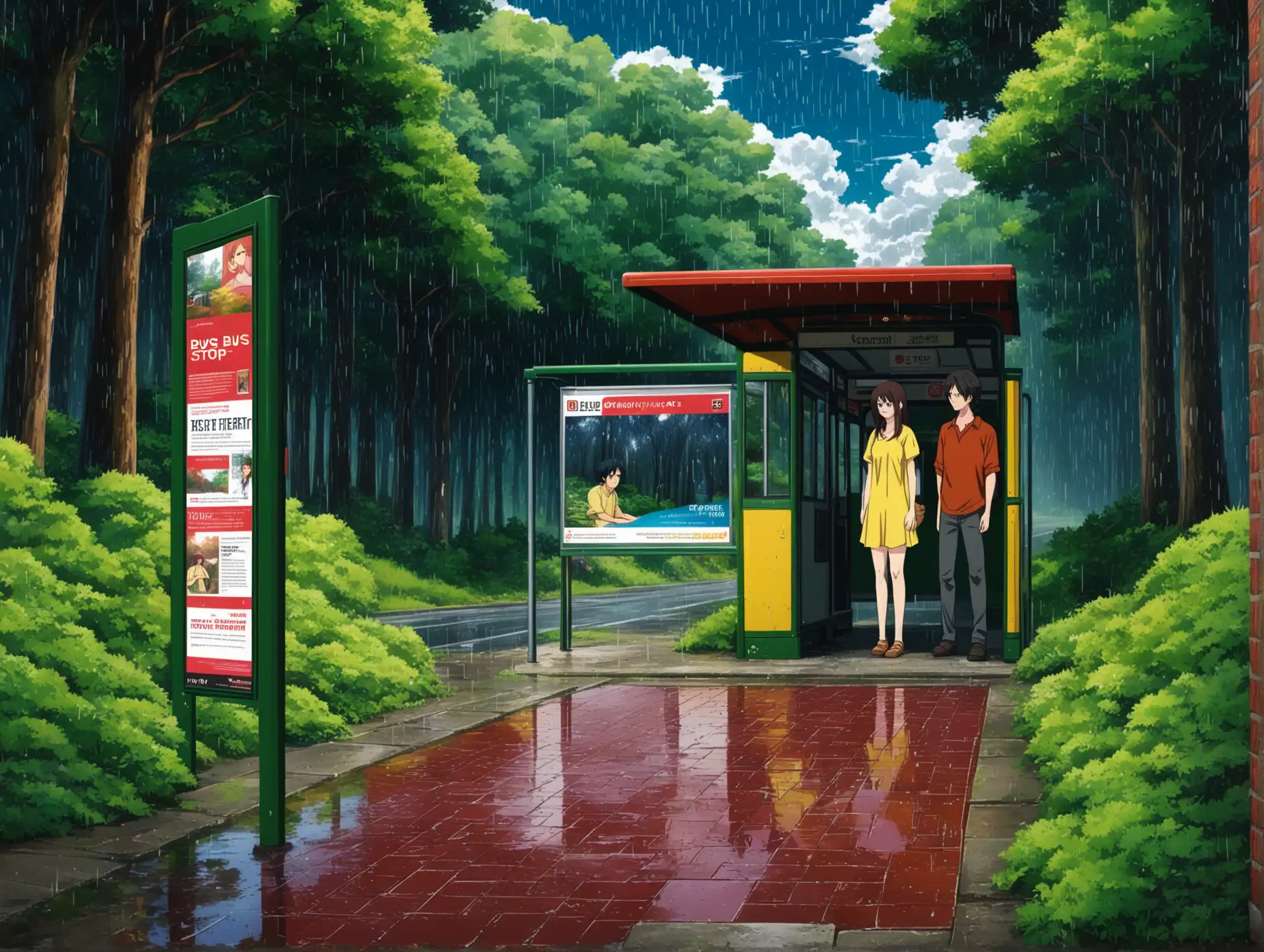 Tranquil-Bus-Stop-Scene-with-Couple-in-Yellow-Attire