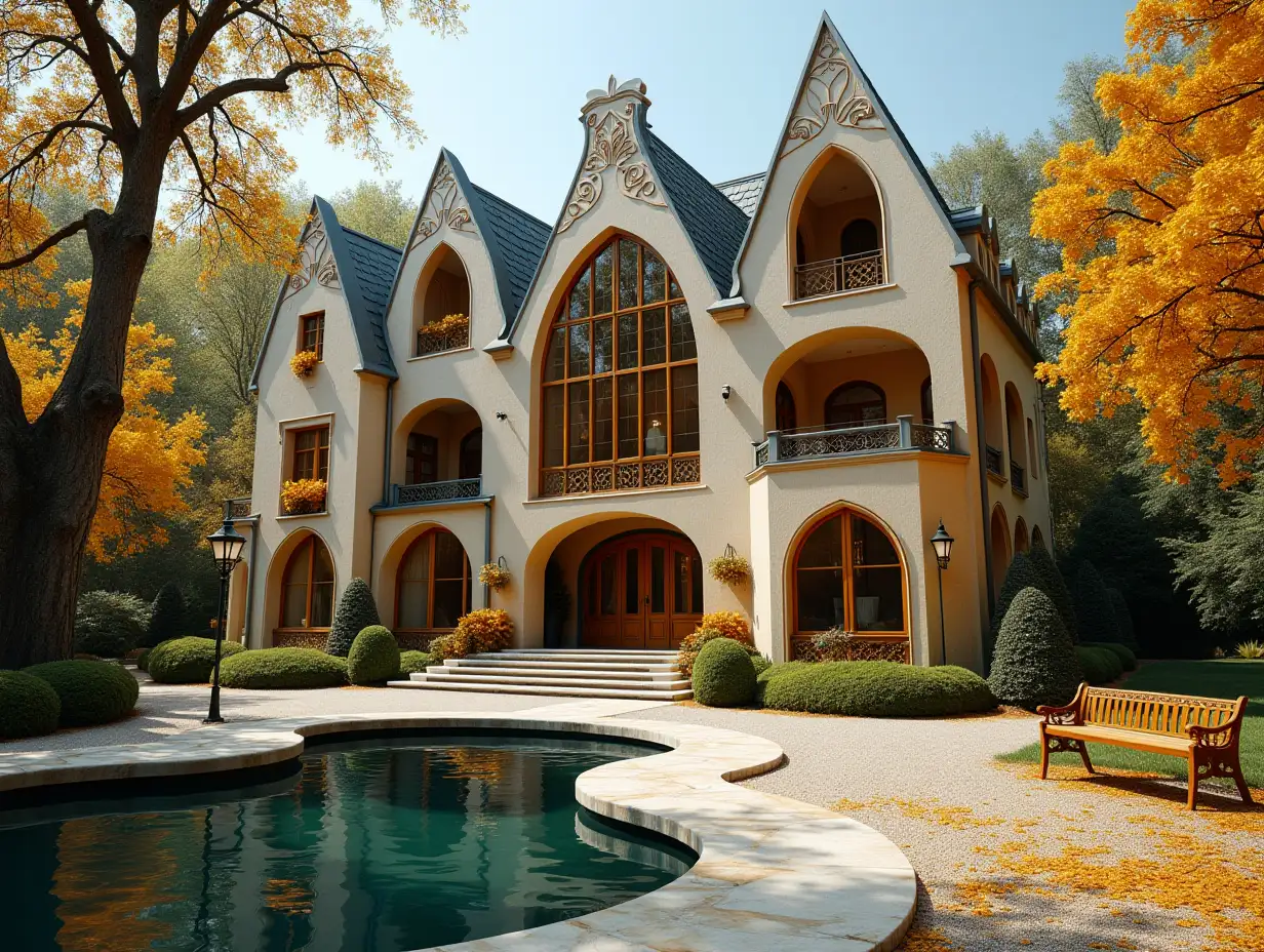 Crooked House, garden  Bepflanzung-Sauber, with gilded stucco, large windows with glass closed, curved, smooth window shapes, winding big entrance staircase made of marble, complex pointed roof with pond, lanterns, gold bench, orange tree 4K resolution colorful superwide-angle shots