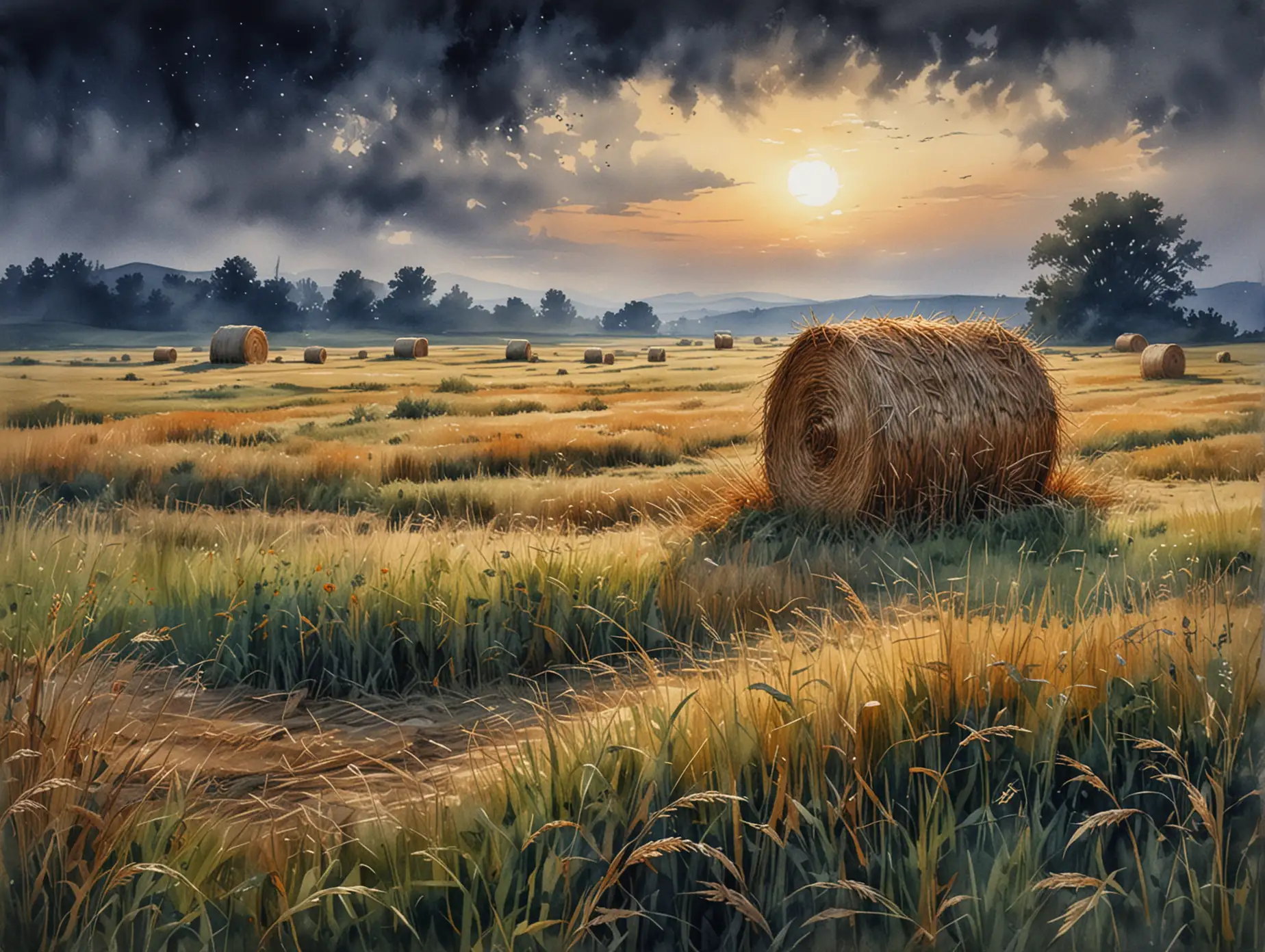 Meadow-at-Twilight-with-Hay-Watercolor-Painting