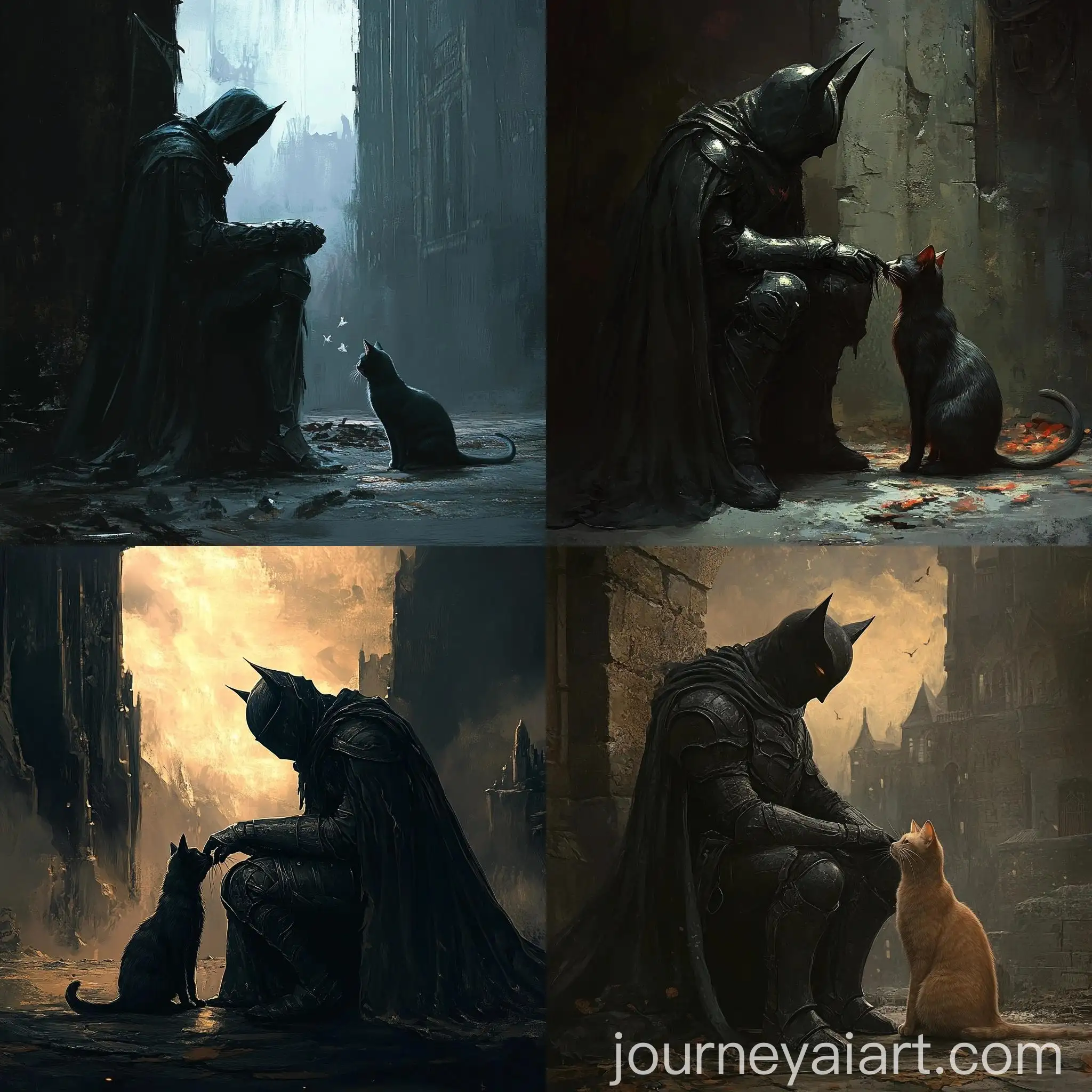 Dark-Knight-Petting-Cat-in-Desolate-Dark-Fantasy-Scene