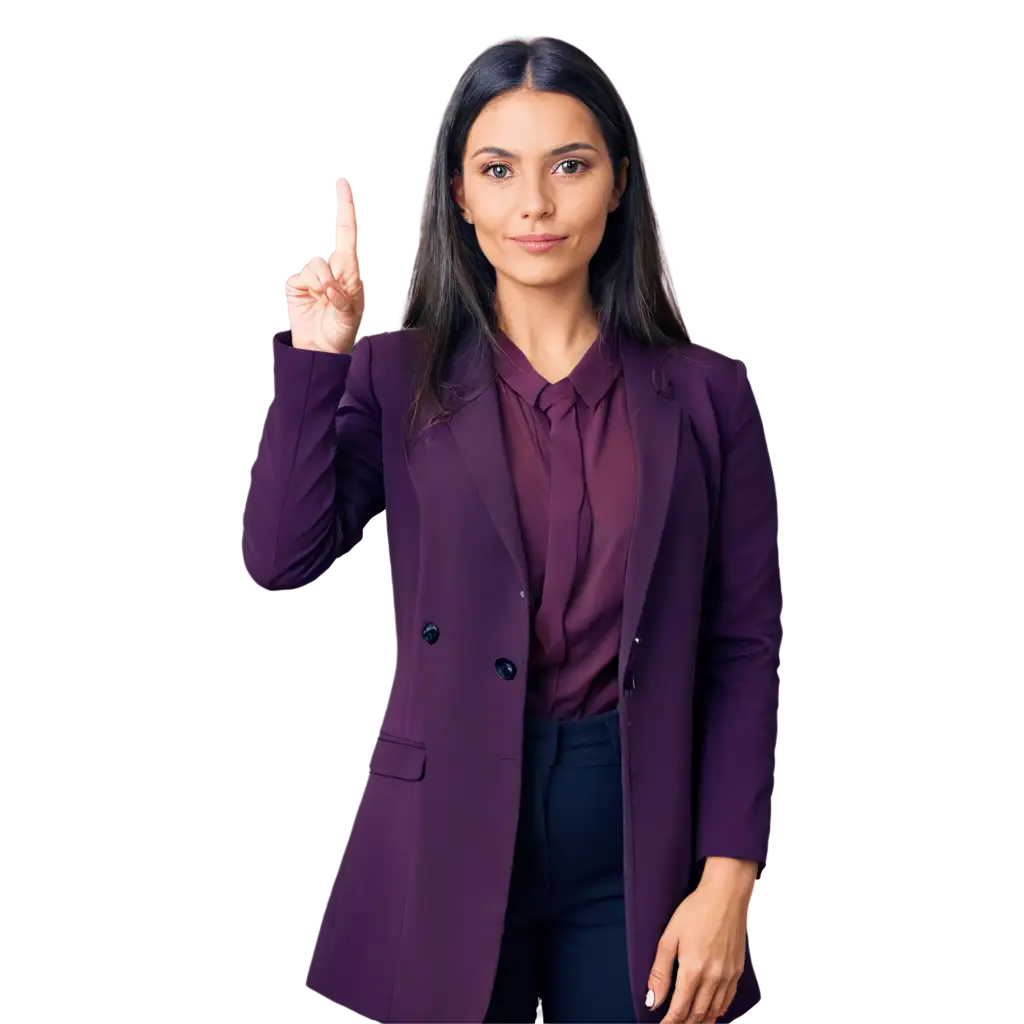 a beautiful woman dressed in dark purple, pointing down