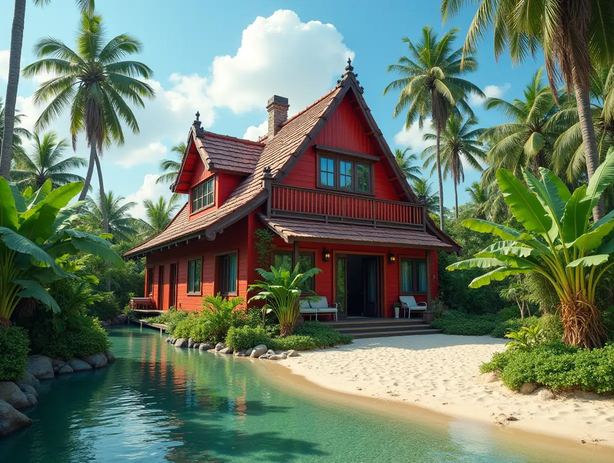 crooked red house with garden and a pond on the beach with banana plants and palms 4K resolution vibrant wide-angle shots