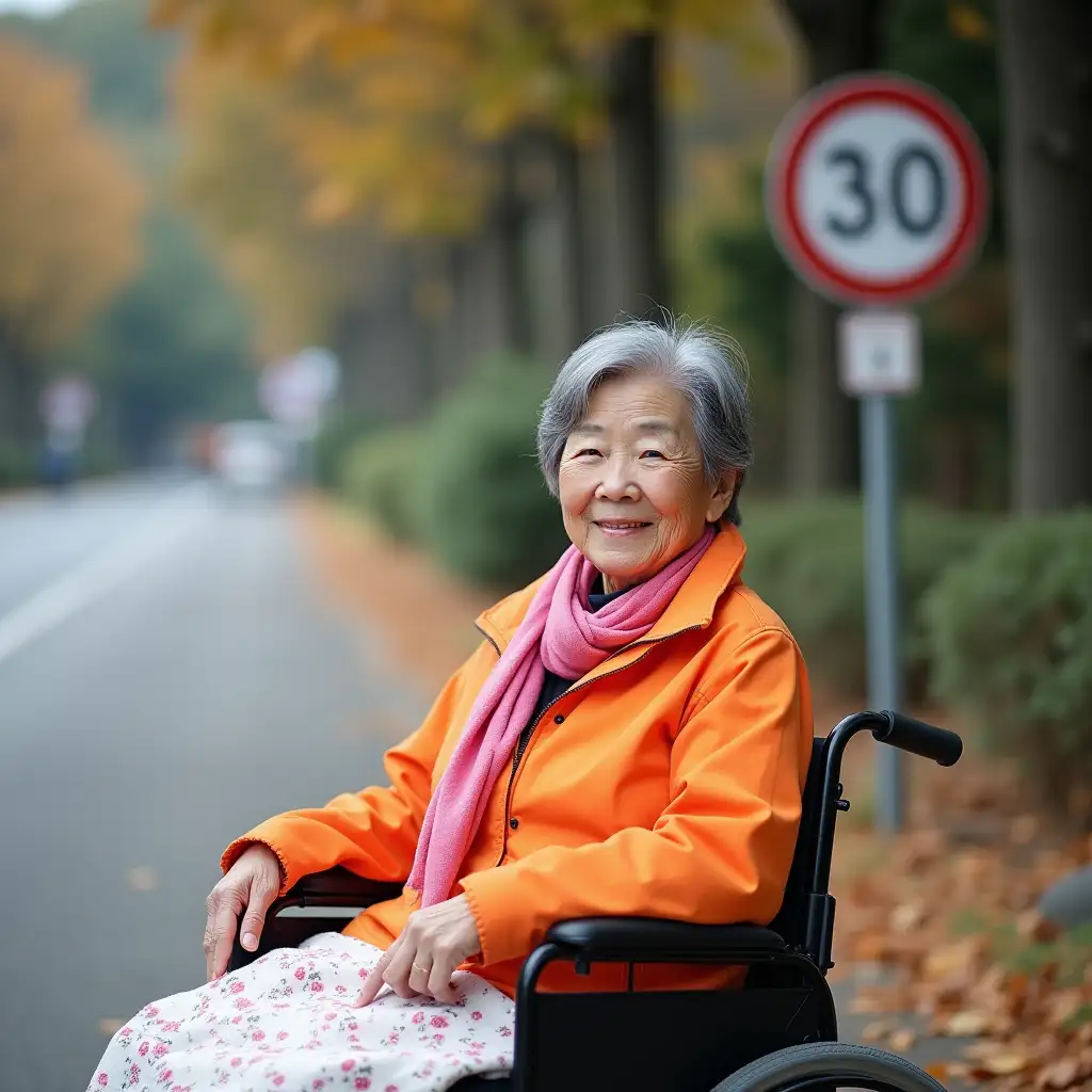 An elderly Korean woman sits outdoors in a wheelchair on a paved path lined with trees and shrubs. She has short, neatly combed gray hair and is wearing a bright orange windbreaker jacket with a pink scarf tied around her neck. Her hands rest calmly in her lap, covered with a patterned white blanket. The setting is a quiet, tree-lined sidewalk with a road visible on the left, and a speed limit sign of ‘30’ hanging from a post in the background. The lighting is soft and natural, slightly overcast, casting even shadows and giving the entire scene a serene and peaceful feeling. The path is covered with fallen leaves, and the atmosphere suggests an autumn day. The woman looks content and calm as she gazes toward the camera.