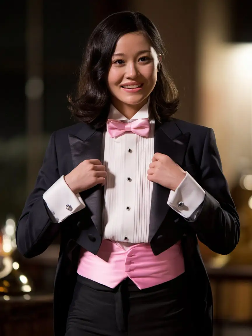 Smiling and elegant and young Chinese woman with shoulder length black hair wearing an unbuttoned tuxedo with a pink bow tie and a pink cummerbund and black pants is standing in a room at night.  Her shirt has double french cuffs.  She has silver cufflinks. She is adjusting her shirt cuffs.