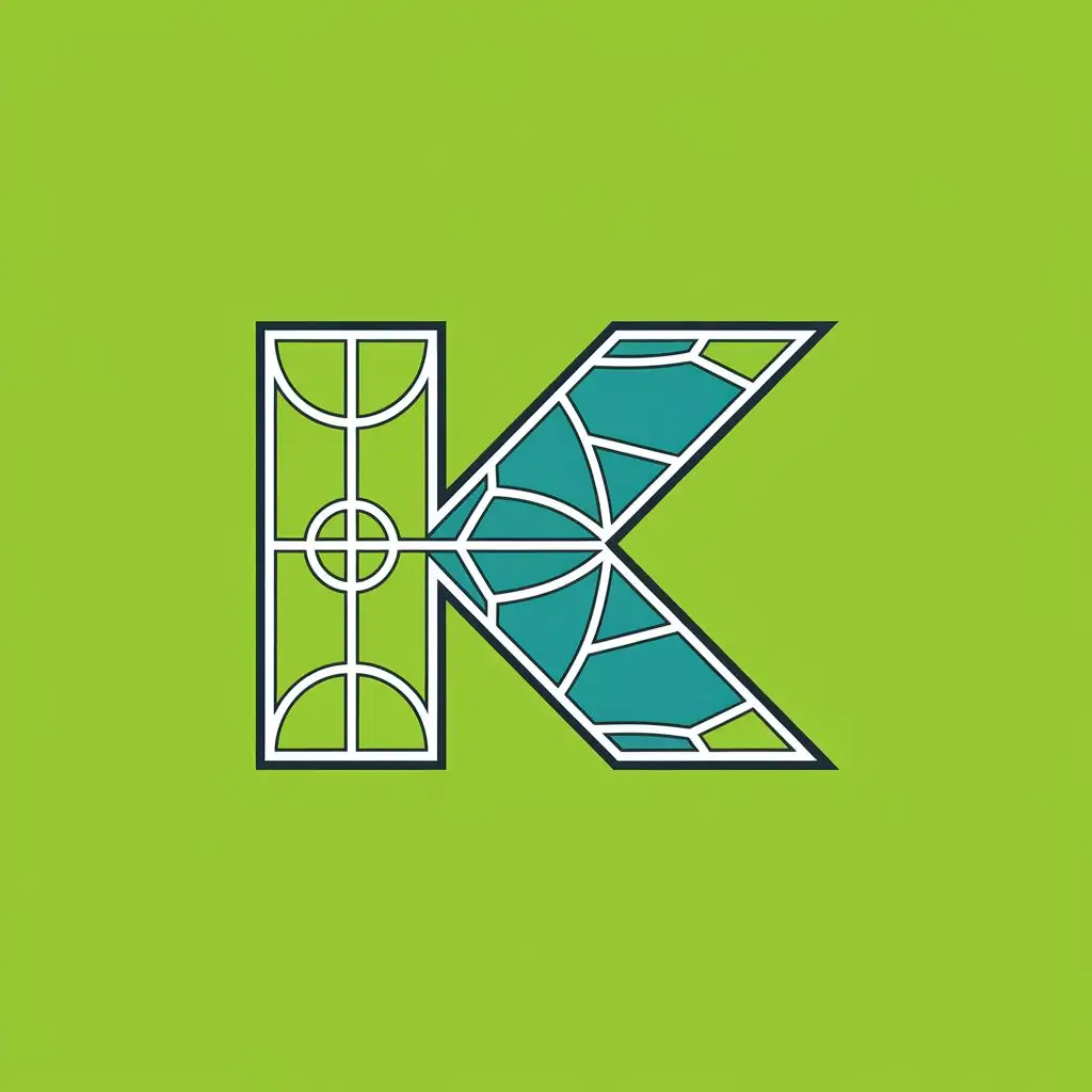 LOGO Design for K Geometric SoccerInspired Green and Blue with Vibrant Kickron and Pitchion Theme