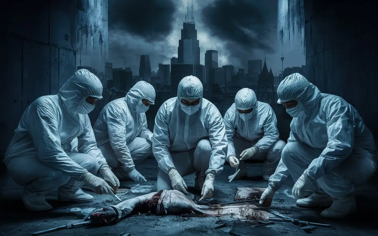 Medical-Detectives-Investigating-Crime-Scene-with-Dark-Background