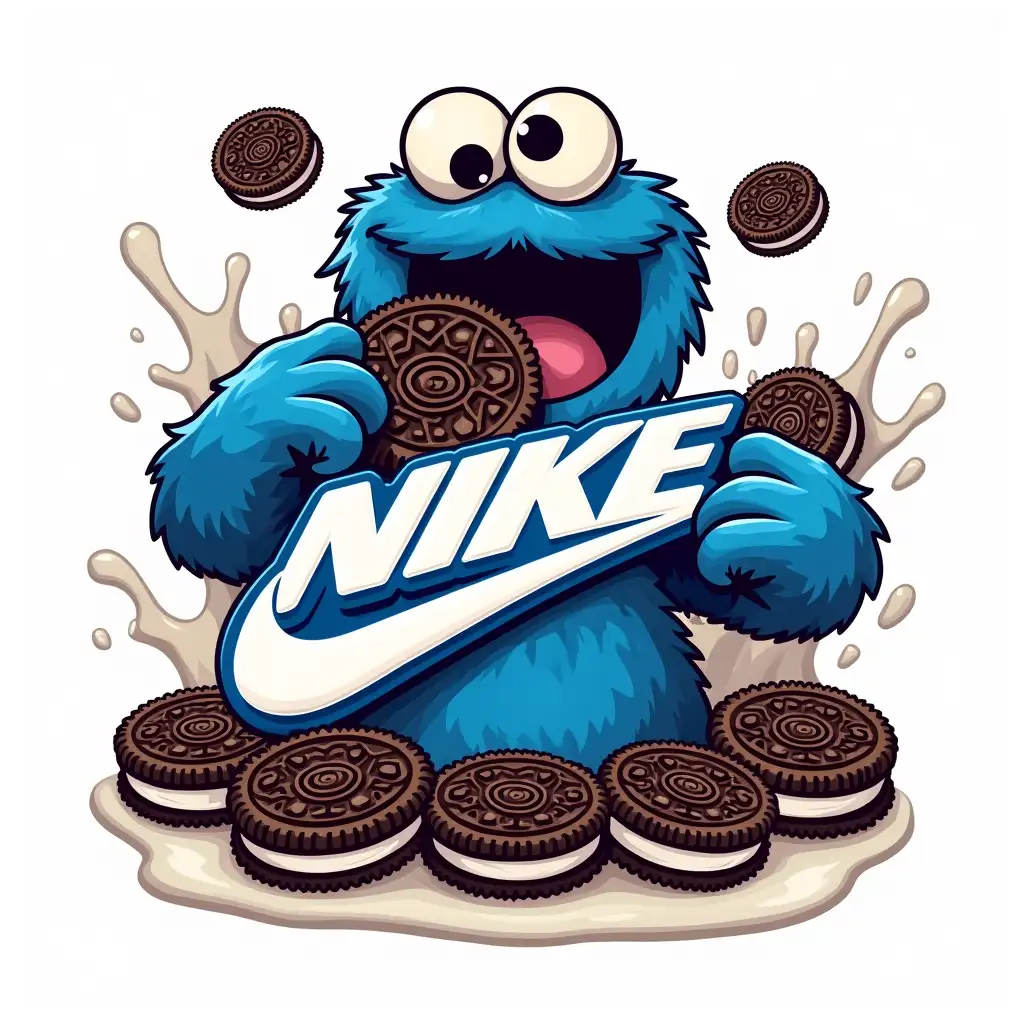 Create a playful t-shirt design featuring **Cookie Monster** eating the **Nike logo** as a giant cookie. The logo should look like an Oreo, with Cookie Monster happily munching on it. Surround the design with **Oreo cookies** and a few milk droplets dripping from the cookies. Keep the background all white for a clean and bold look.