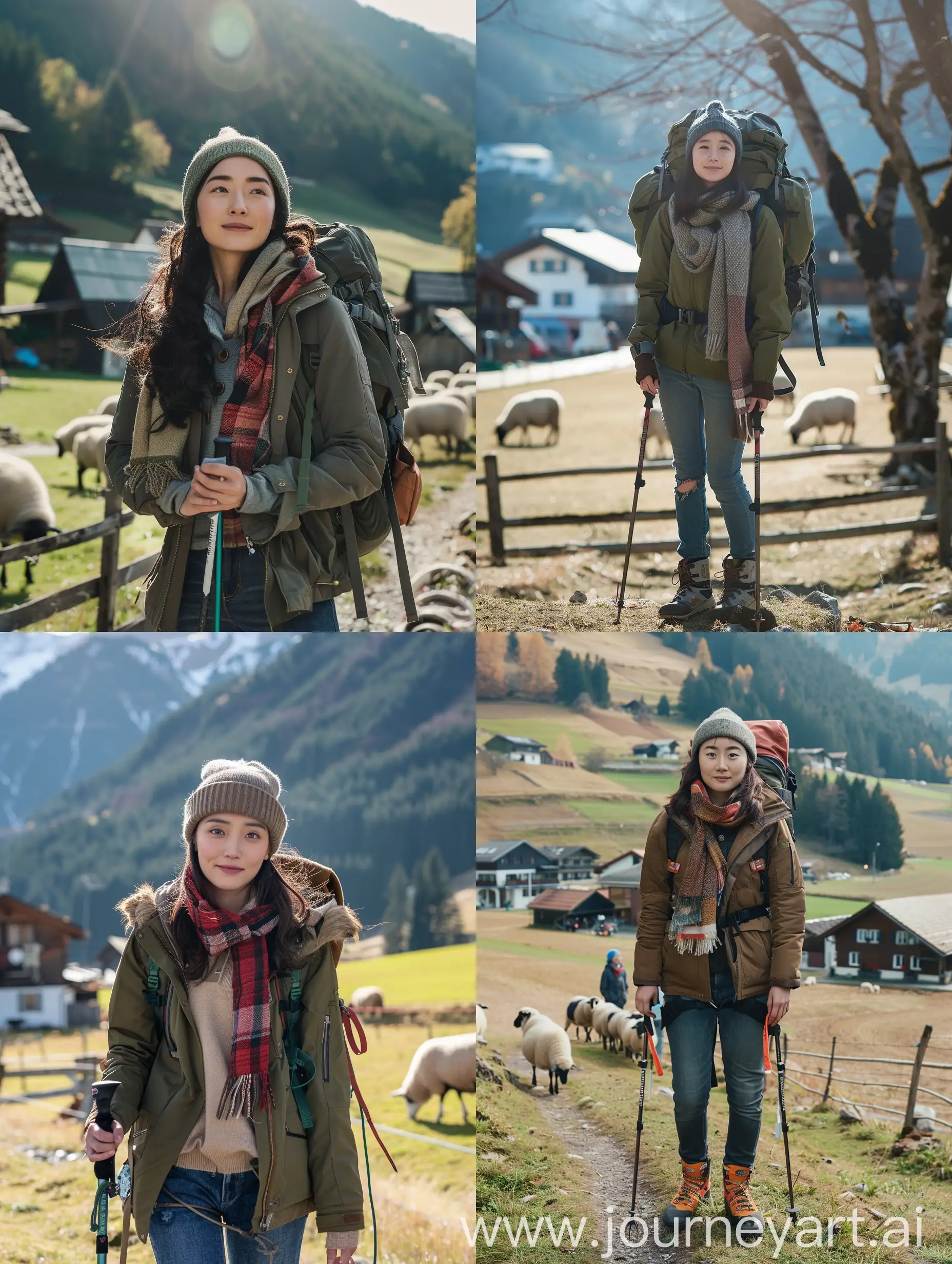 Cinematic-Korean-Woman-in-Swiss-Village-with-Backpack-and-Climbing-Poles