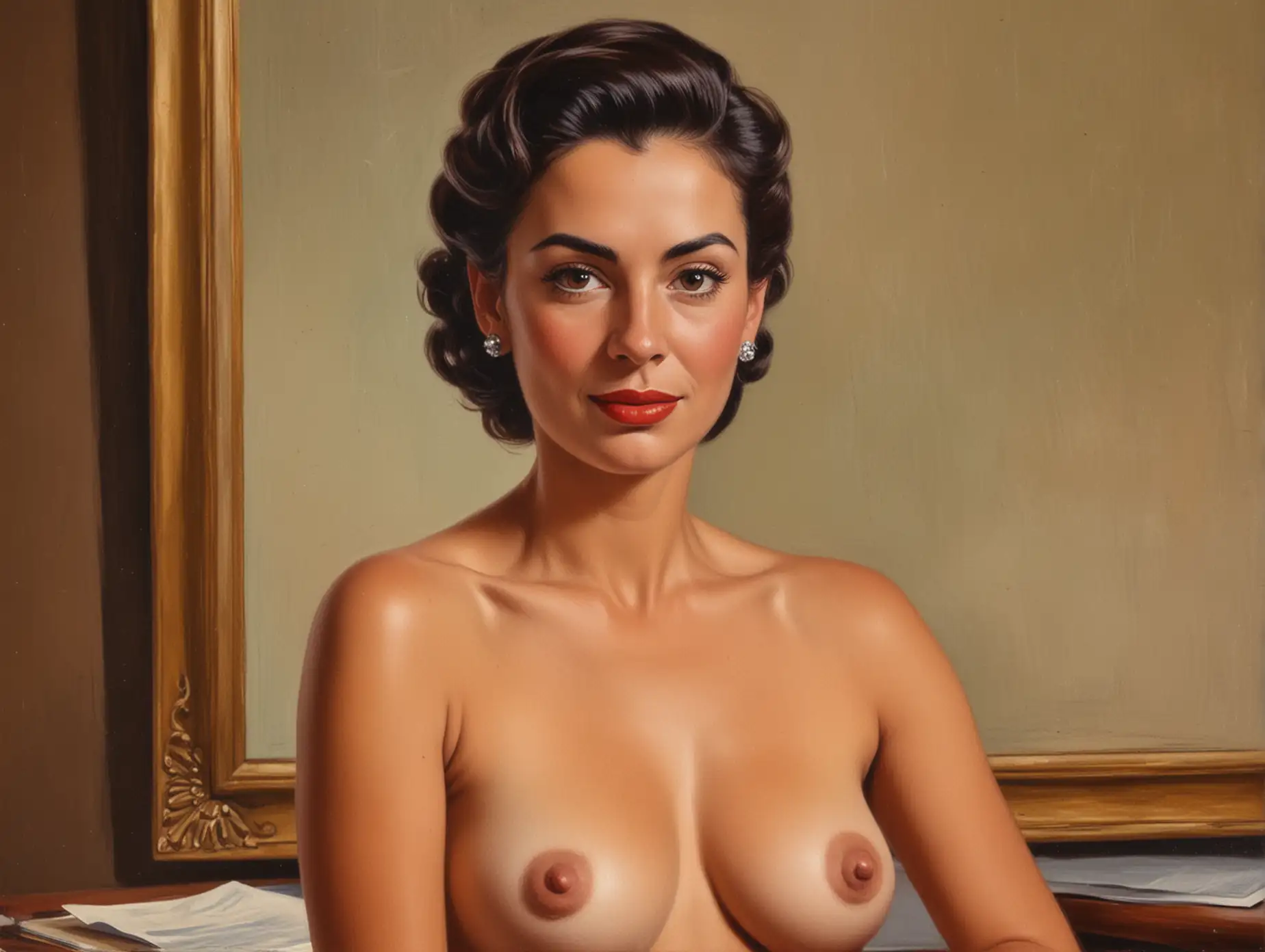 1950's portrait painting of: nude, beautiful, slim, Mexican, mature woman as secretary.