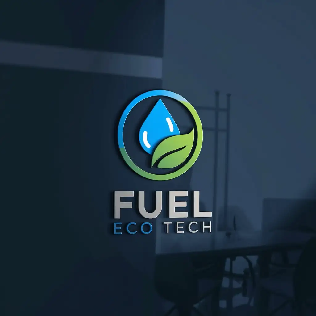 LOGO Design For Fuel Eco Tech Minimalist Blue Green Gray EcoFriendly Theme on Dark Office Wall Mockup