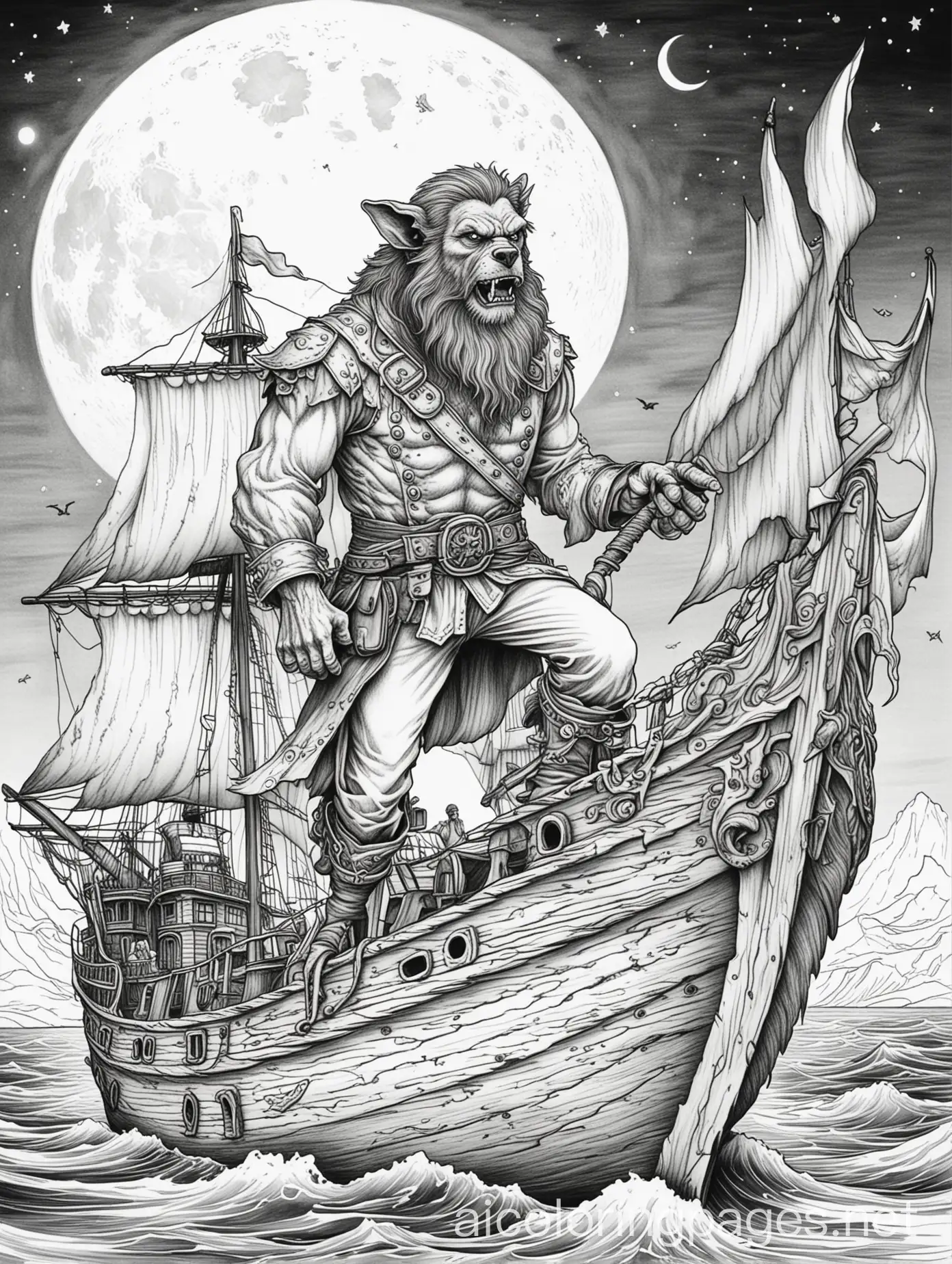 Werewolf-Captain-on-Ghost-Ship-Coloring-Page