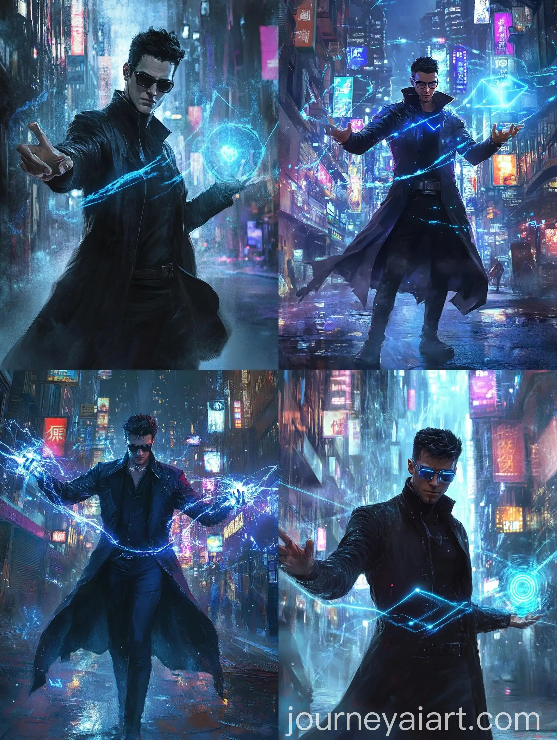 Urban-Fantasy-Warlock-Casting-Blue-Battle-Spell-in-Cyberpunk-City