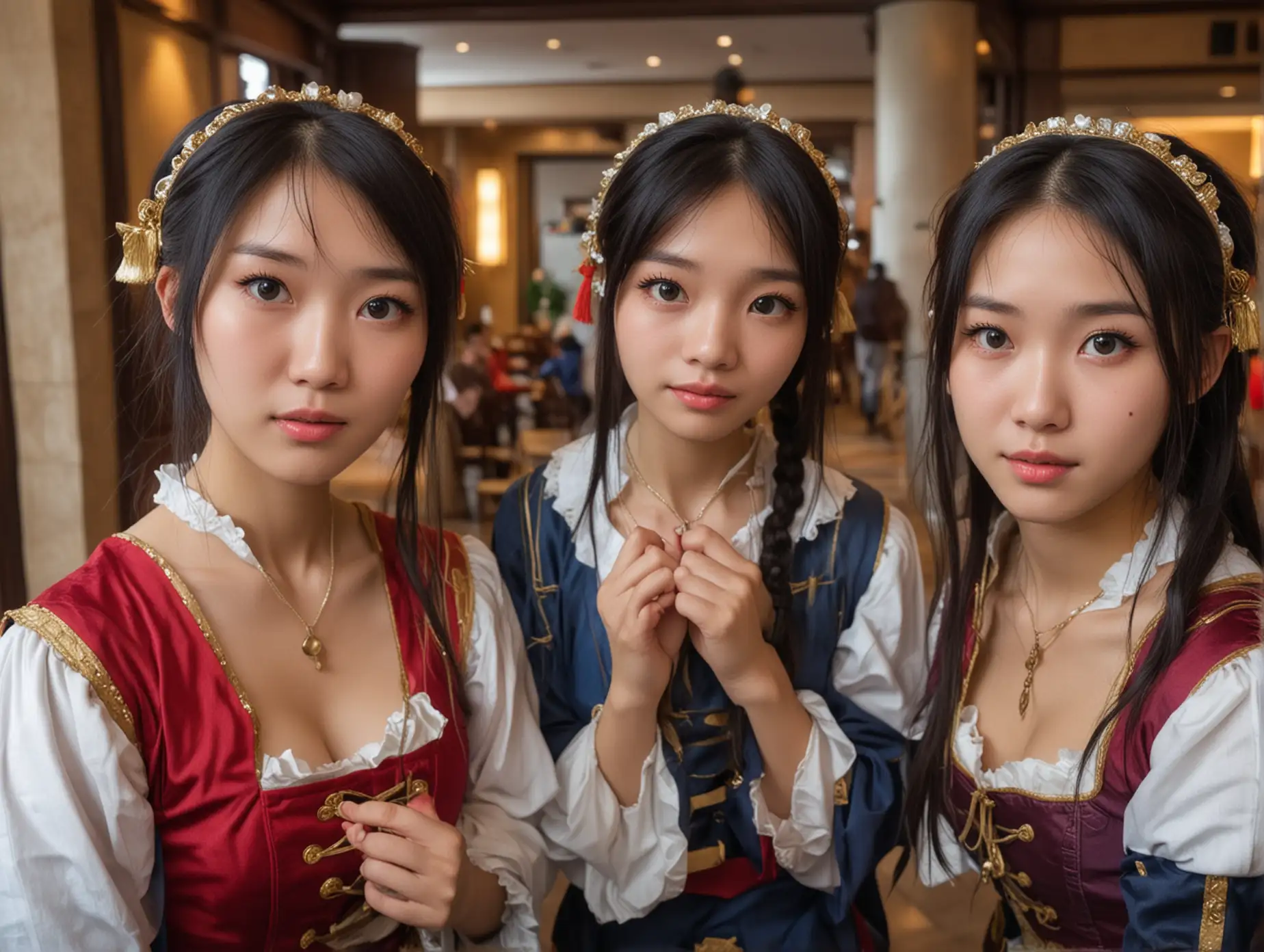 faces of three adorable sweetheart skinny 19-year-old chinese girls in medieval barmaid cosplay in a hotel lobby, staring at the camera with desperate pleading looks.