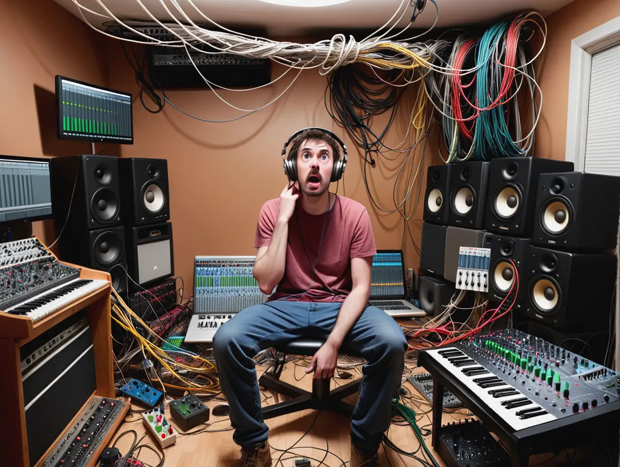 Confused Musician in Home Studio with Tangled Cables and Equipment