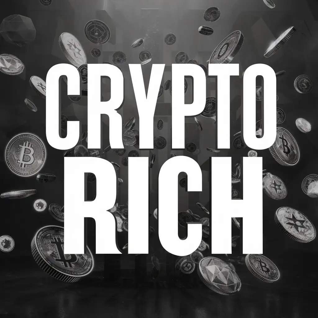 Надпись "Crypto Rich", задний фон затемненный, на заднем фоне криптовалюты