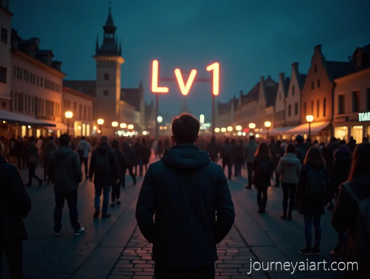 Man-Standing-in-Crowded-Town-Square-with-Shining-Lv1-Sign-in-Night-Sky