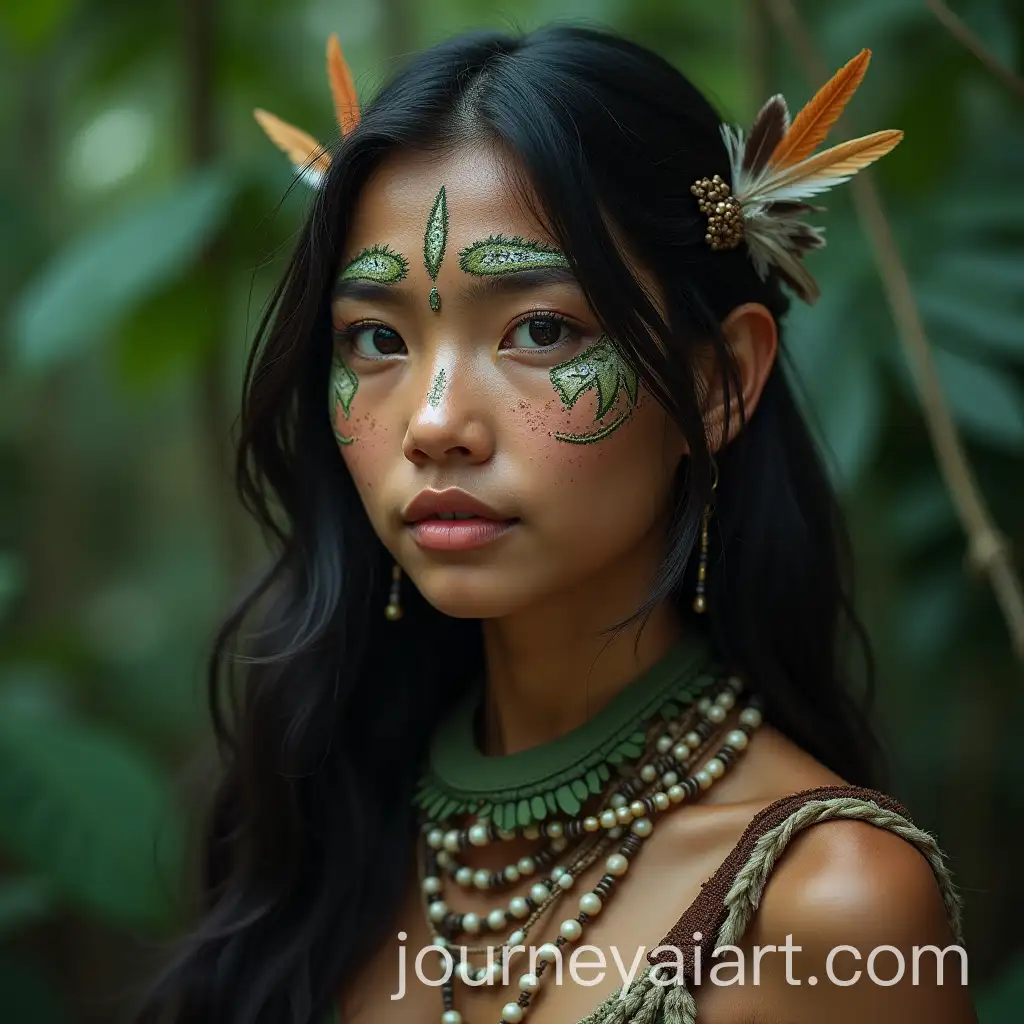 Portrait-of-Four-Asian-Tribal-Girls-in-Vibrant-Jungle-Setting-with-Traditional-Face-Paint-and-Beadwork