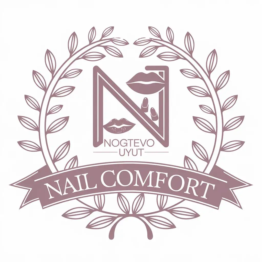 a vector logo design,with the text "Nail comfort", main symbol:Logotype for the 'Nogtevoi uyut' channel in pastel tones with a depiction of nails and lips, enclosed in a circle of leaves,Moderate,be used in Beauty Spa industry,clear background