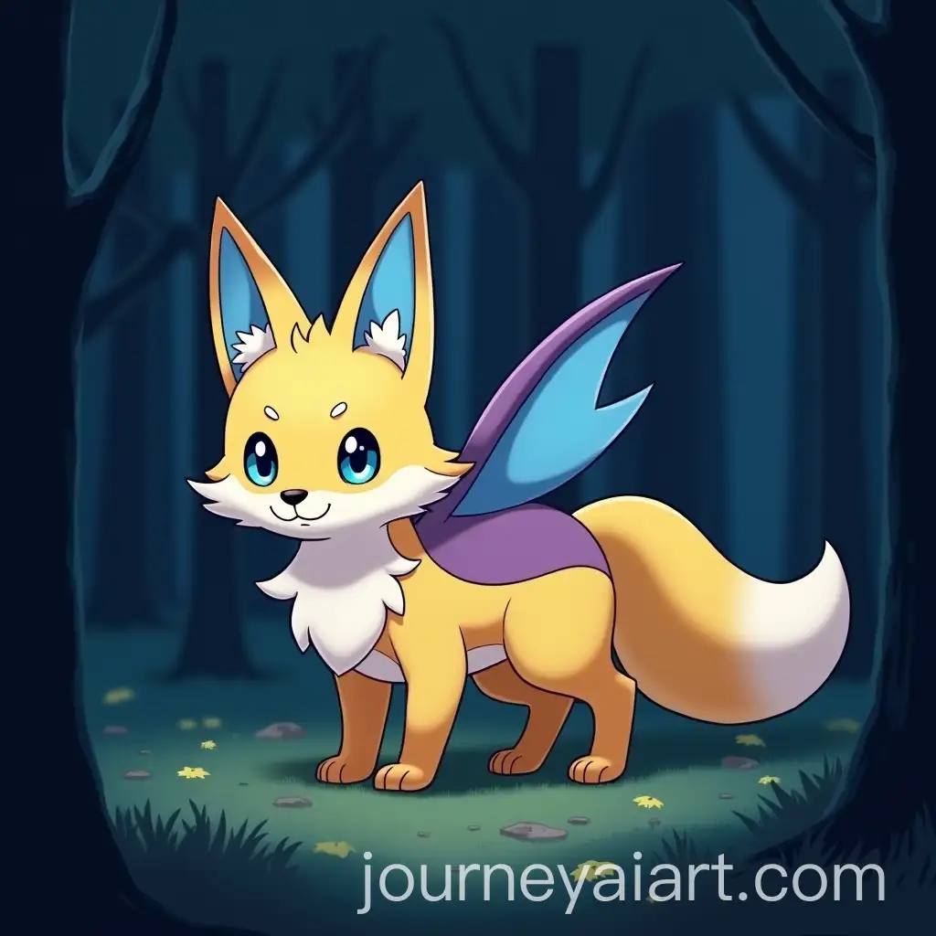 Yellow-Fox-with-Blue-Ears-and-SkyBlue-Wing-in-a-Forest-at-Night