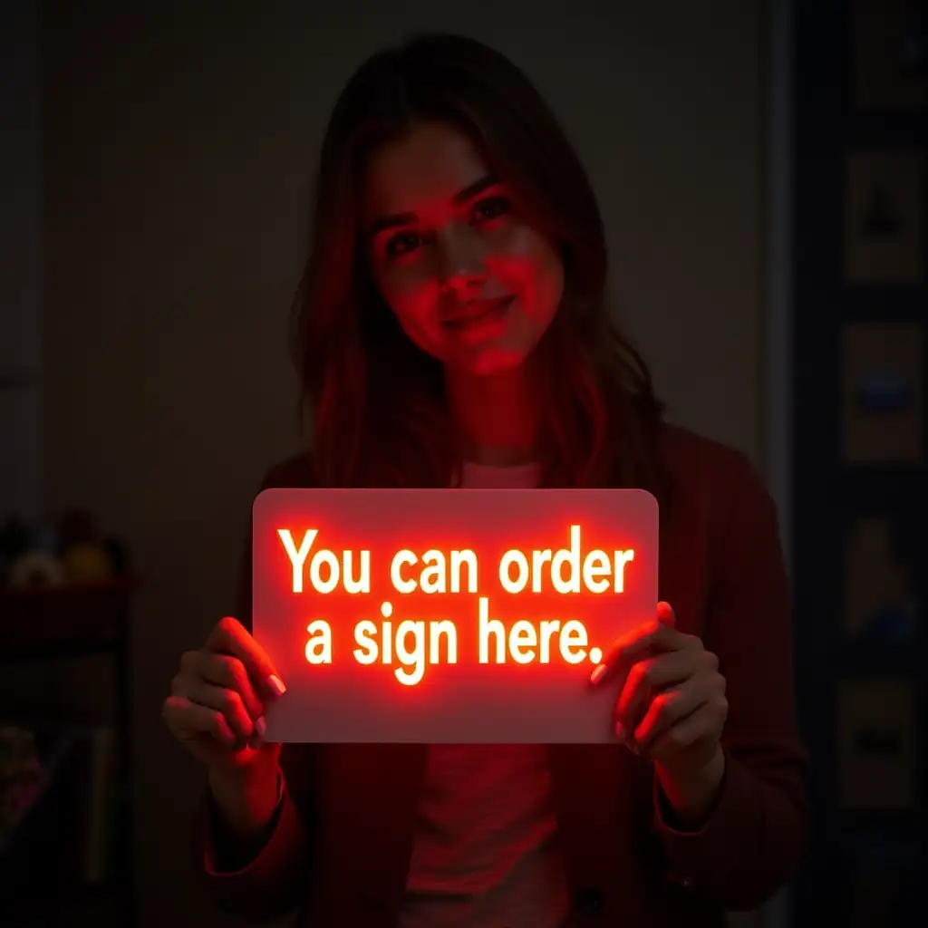 A woman holds a glowing sign with the inscription: You can order a sign here