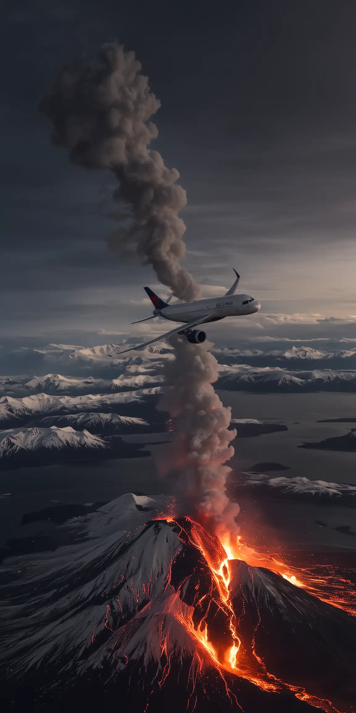 Delta Air Lines Airbus 350 Over Icelandic Volcano Eruption at Night