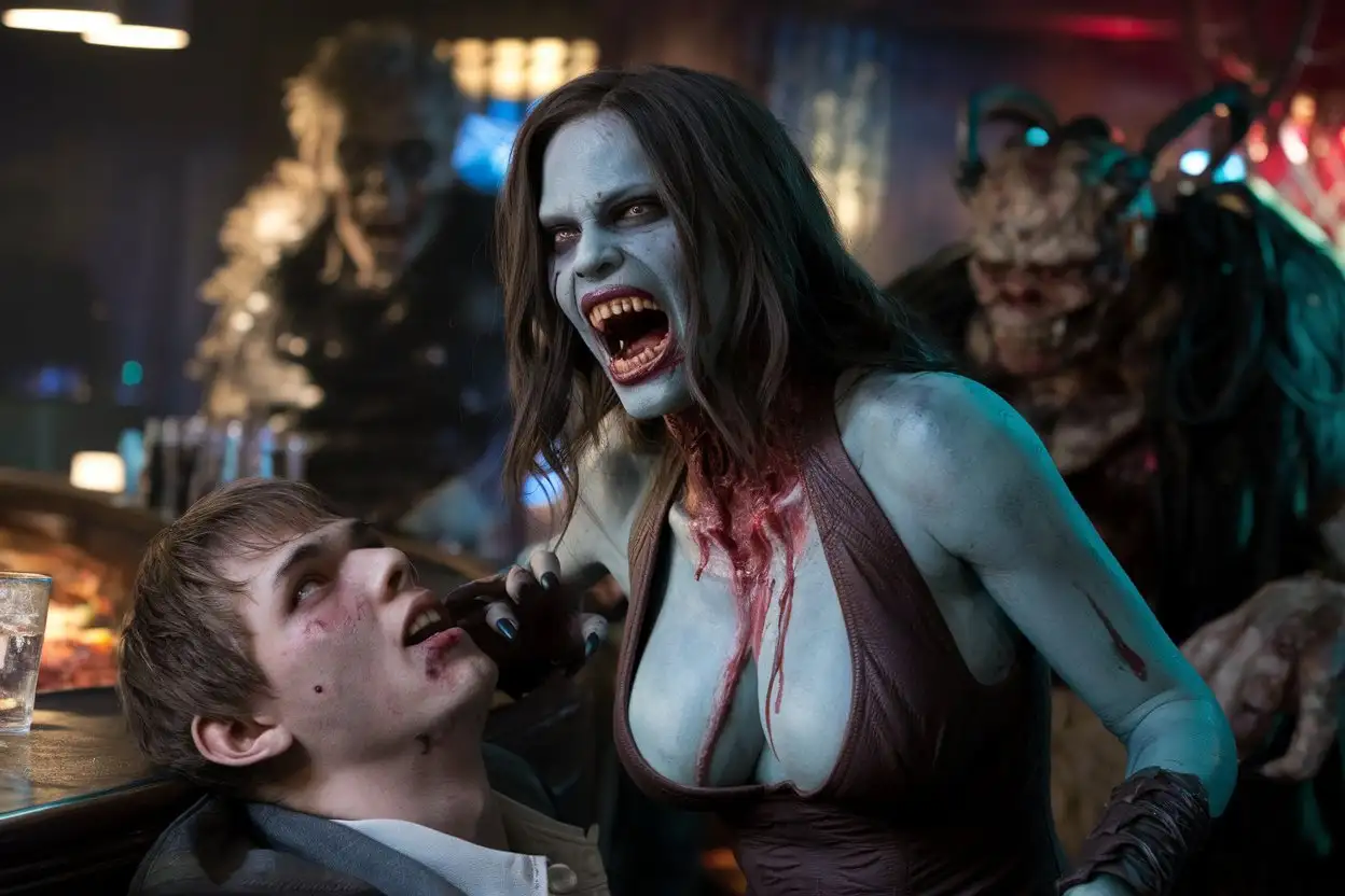 Bar For Monsters. Evil Angry Very beautiful zombie female monsters with a very huge mouth with the sharpest teeth and deep neckline in a grisly feast of a young man.  Very aggressive look, cinematic, photo , 4k