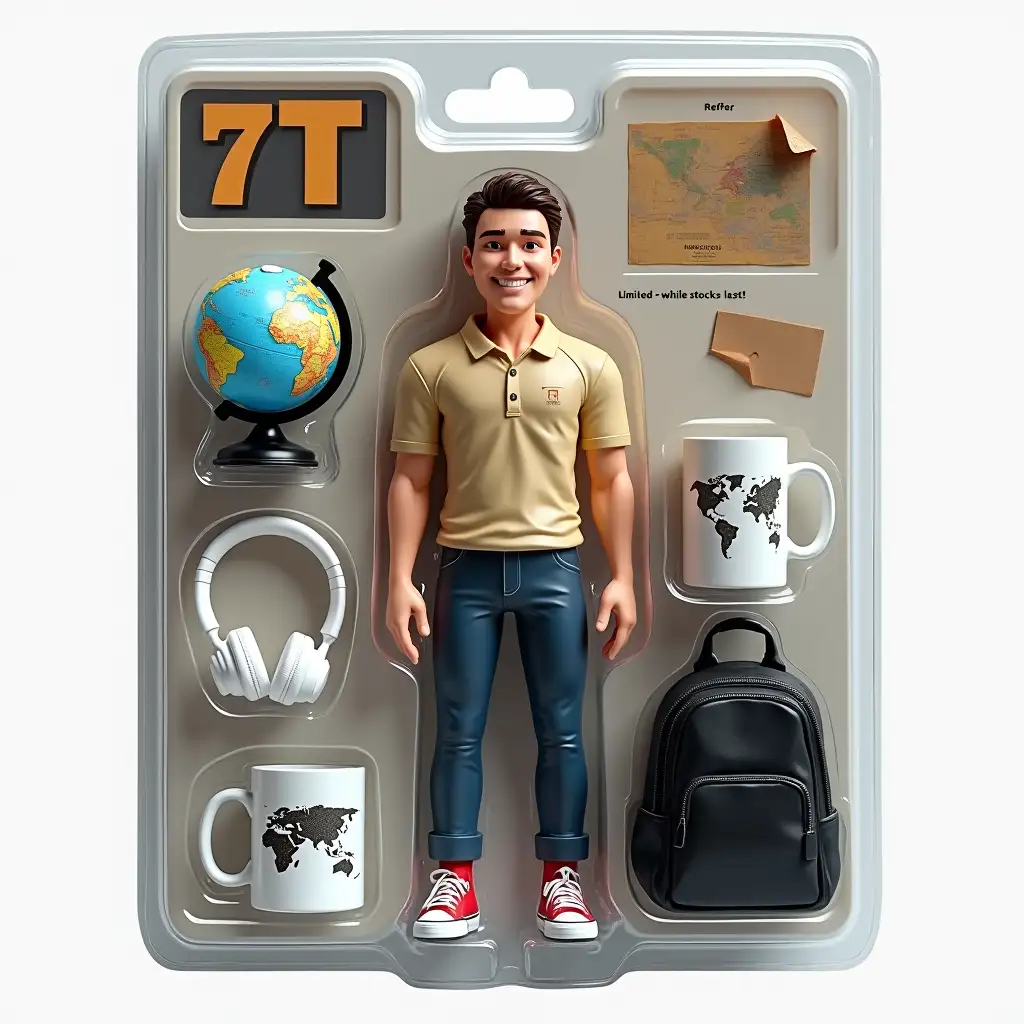 Use this photo of me to create an action figure of myself in a blister pack, in the style like a premium collectible toy. The figure should be standing up and have a relaxed, friendly smile. The blister pack should have a header with the text ‘7T action figure’ in large letters and a subheading of ‘Limited - while stocks last!’ below it. Include accessories in compartments to the side of the figure: a globe, a mini map, white music headphones, a coffee mug with a globe print on it and a black sportive backpack.