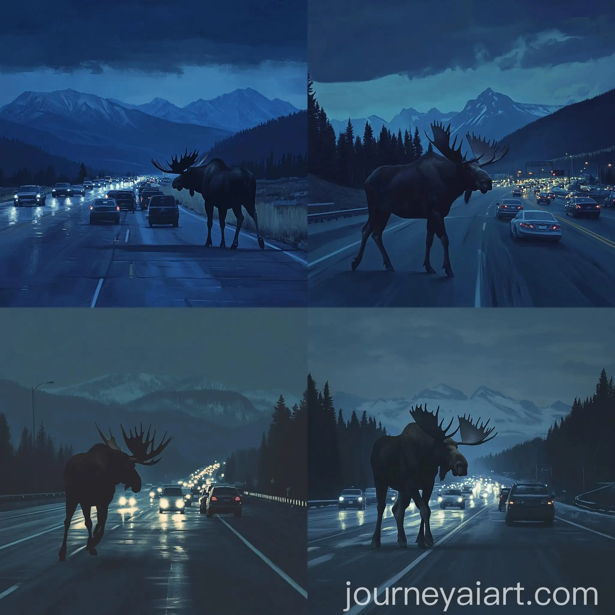 Majestic-Moose-Crossing-Highway-at-Dusk-with-Mountain-Silhouette