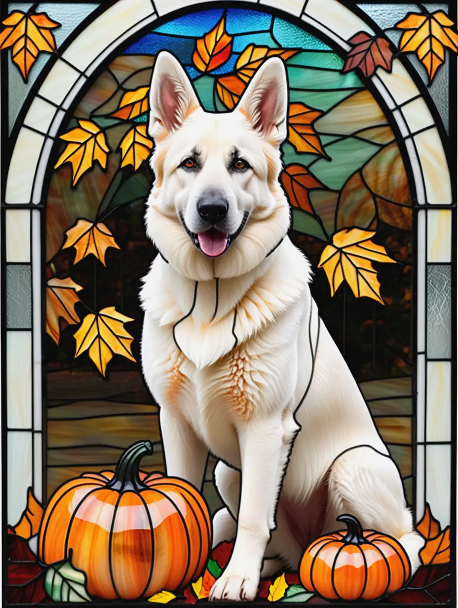 White German Shepherd Dog Behind Pumpkin and Fall Leaves in Stained Glass Design