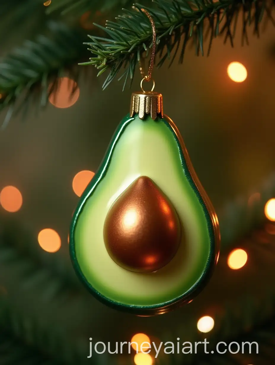 Shiny-Avocado-Ornament-Hanging-on-a-Christmas-Tree-with-Multicolored-Garlands