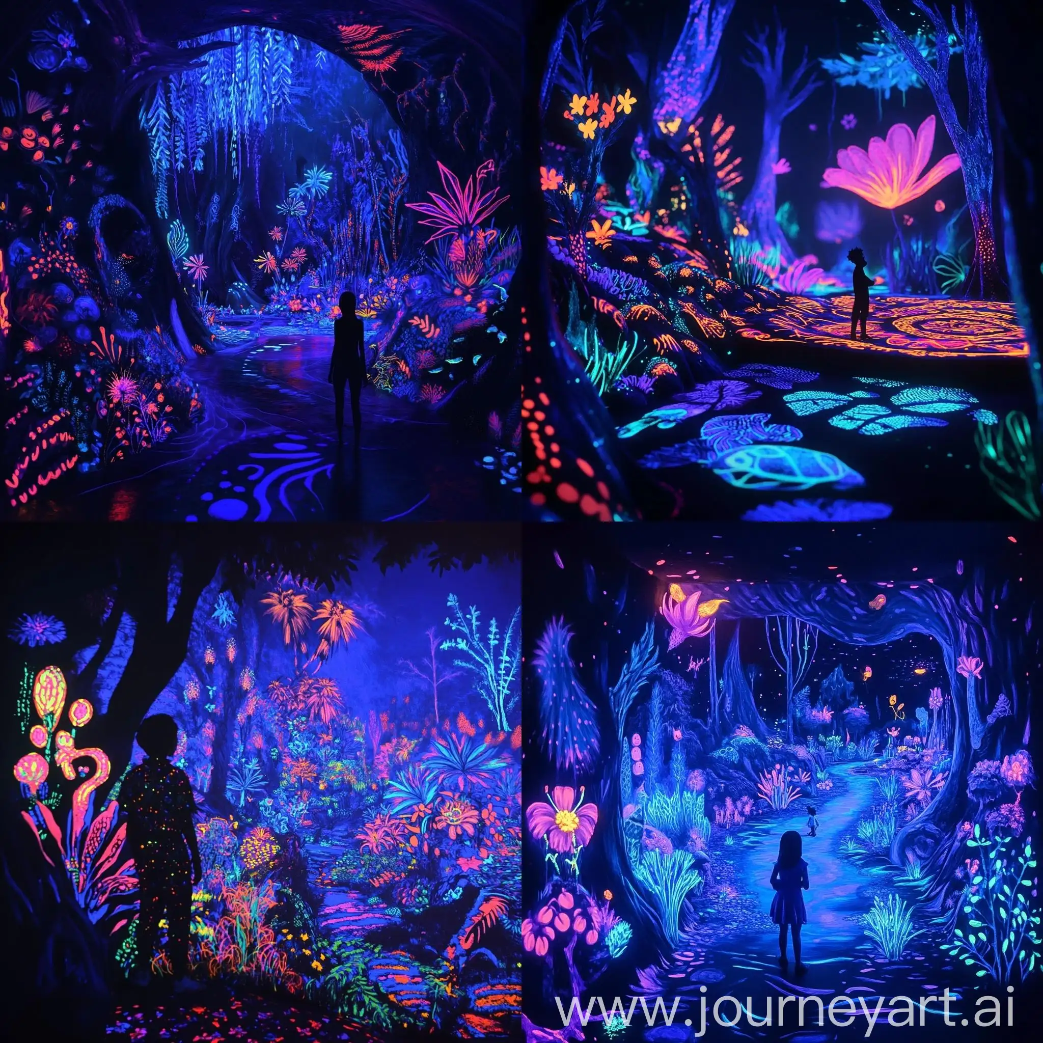 Magical-Dark-Room-with-Neon-Fluorescent-Flowers-and-Trees