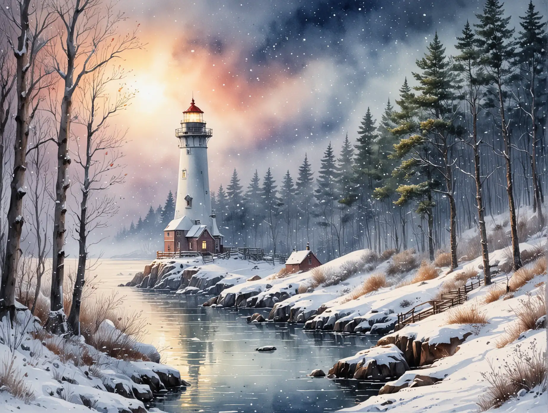 Magical-Snowy-Lighthouse-in-a-Winter-Forest-on-New-Years-Eve