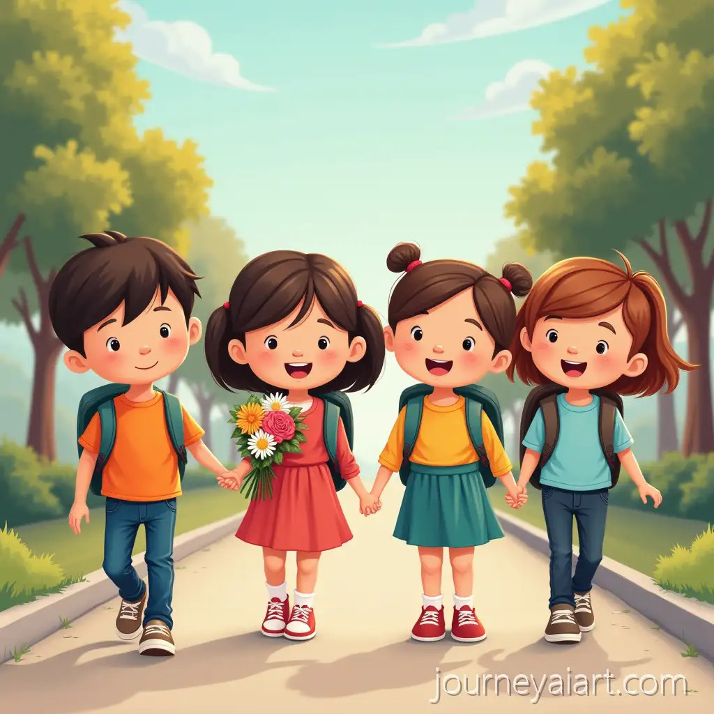 Children-Going-to-School-Carrying-Colorful-Bouquets-on-a-Sunny-Morning