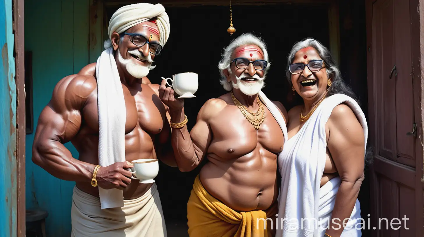 Indian Bodybuilder and Woman Enjoying Mutton Curry in Old House