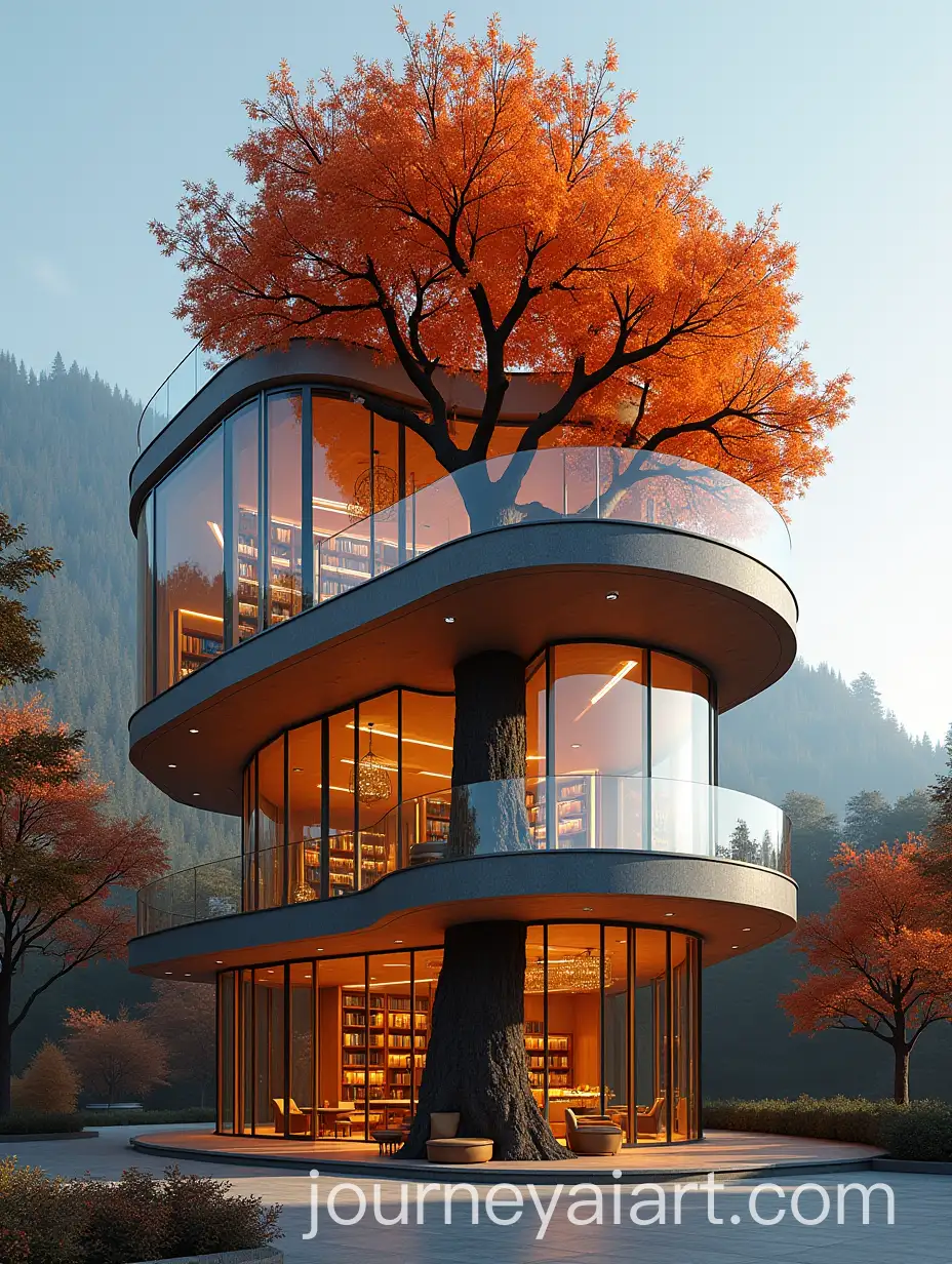 Modern-Smart-Library-with-Autumn-Tree-Design-and-Glass-Structure
