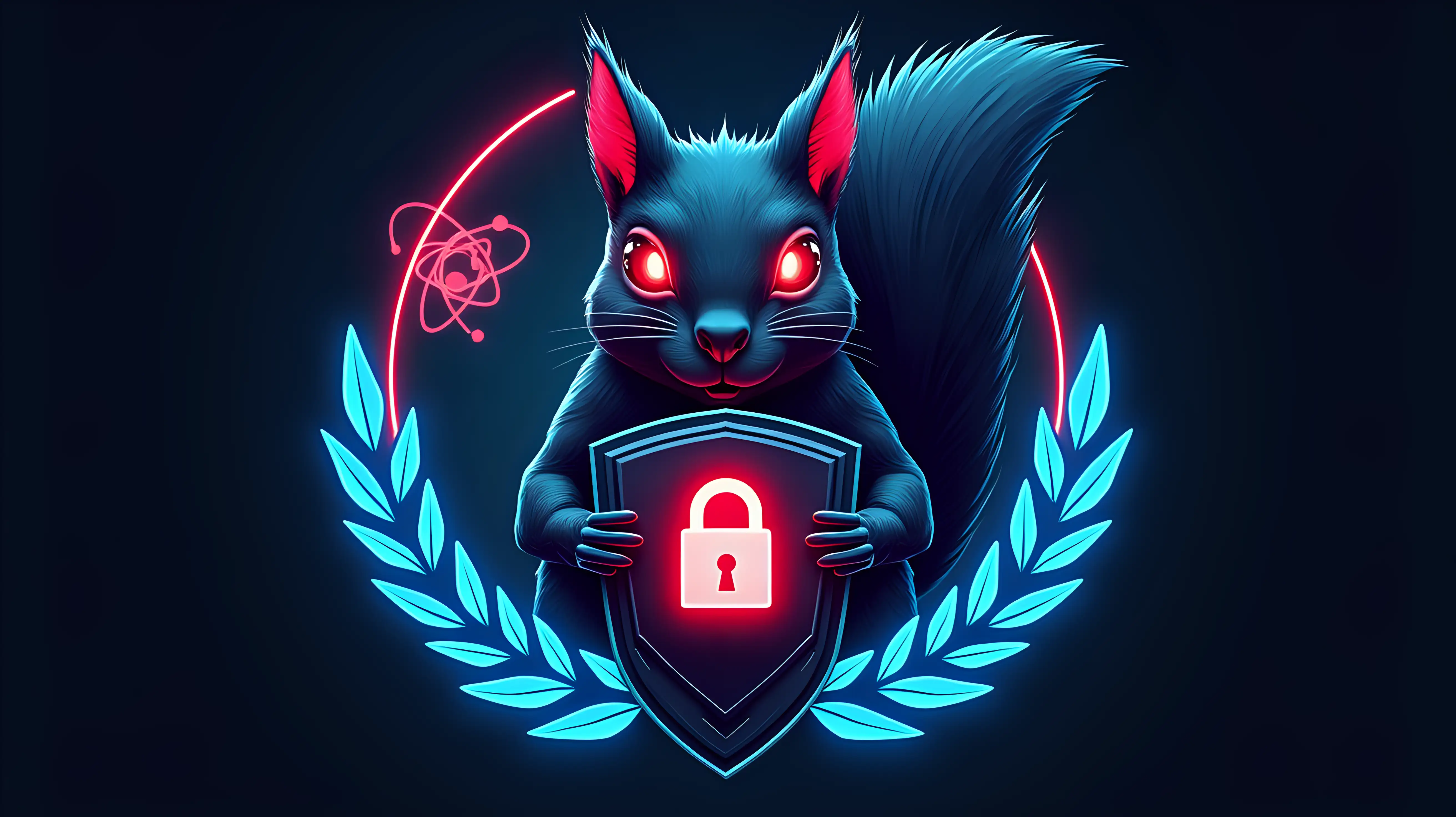 A futuristic digital emblem featuring a sleek, cybernetic squirrel with glowing red eyes, gripping a high-tech shield adorned with a glowing padlock symbol, surrounded by neon-lit laurel leaves, incorporating imagery of an atom with orbiting electrons integrated into the background design, glowing blue and red neon accents, dark sci-fi color palette, highly detailed, digital illustration