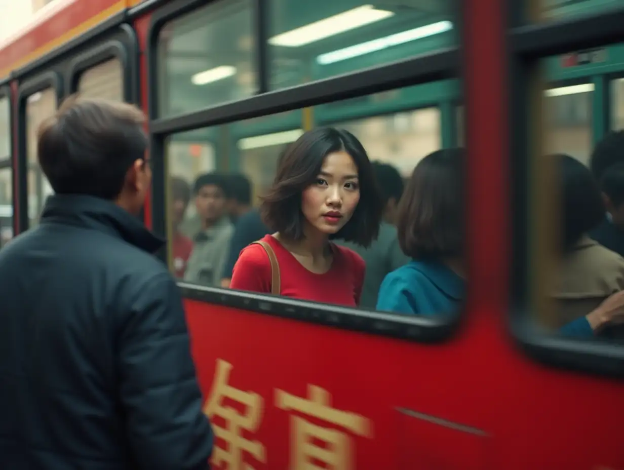 view of the window of a passing bus from outside on the sidewalk, the face of a gorgeous slender sweetheart chinese young woman in a red crop tee visible through the window staring out directly at the camera in shocked excitement. the bus is crowded.