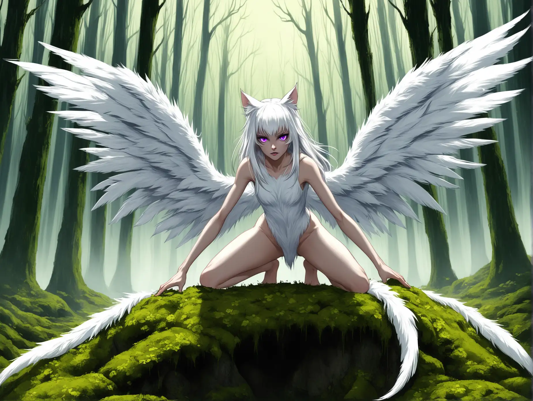 Wild-Young-Woman-with-White-Feather-Wings-andAI-Image-Prompt-Expansion-Cat-Ears-in-a-Luxuriant-Forest