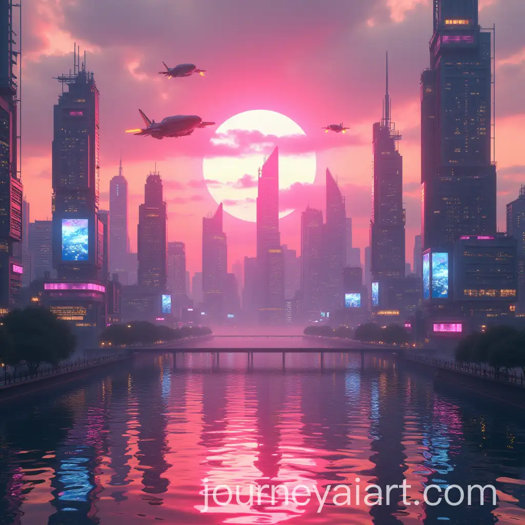 Futuristic-City-Skyline-at-Sunset-with-Neon-Lights-and-Flying-Cars