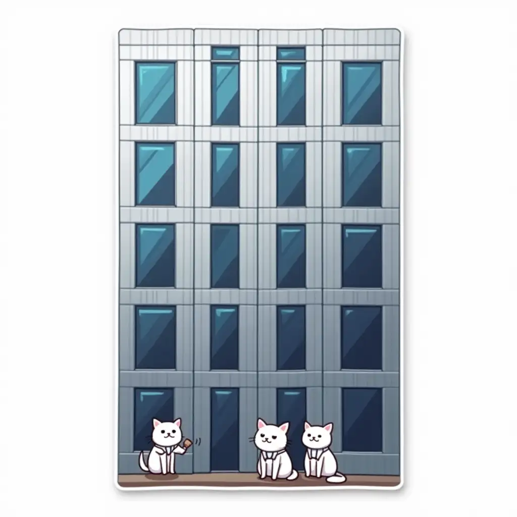 vinyl exit sticker depicting a silver-colored skyscraper with mirrored dark  blue windows arranged in solid vertical lines for the entire height of the building. The facade of the building has the texture of silver metal square panels, solid vertical silver stripes from bottom to top. Below, there is  two small white cats in office clothes. cut sticker design, high resolution, white background, paint in anime style