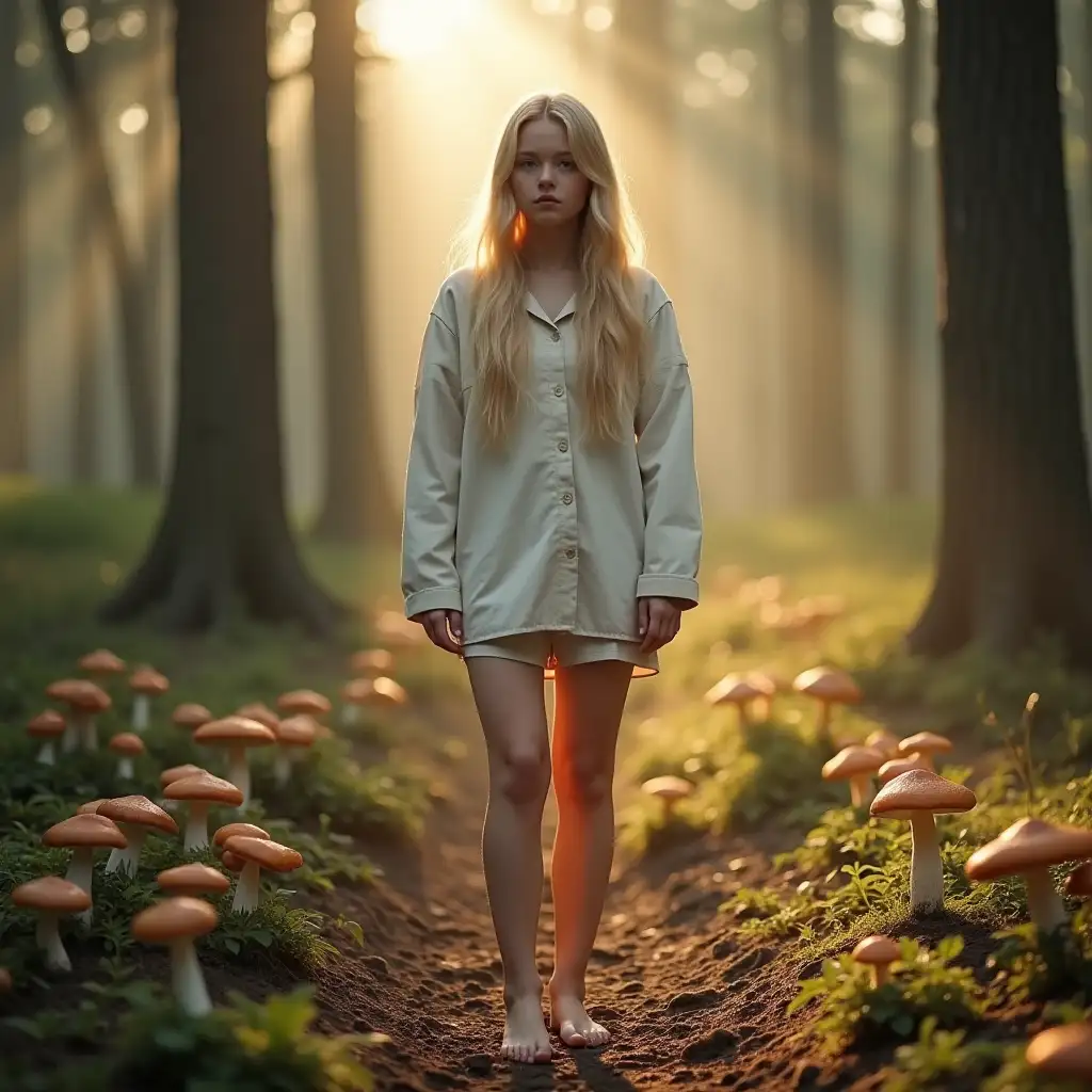 a beautiful girl japanese, age is around 28 years old, she has neat, organized, long blonde hair, she wears fashionable minimalist clothes, nice feet, dynamic lighting, in forest with mushrooms, she looking toward at camera, morning cloudy weather, standing, he facing at camera, she has fat body, HDR, sunlight thru her face, award winning photo