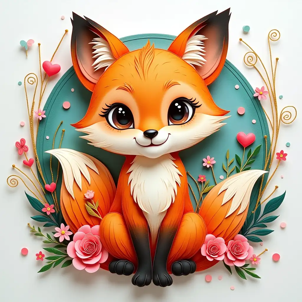 Handmade Scrapbooking Card with Adorable Baby Fox in Vibrant Floral Design