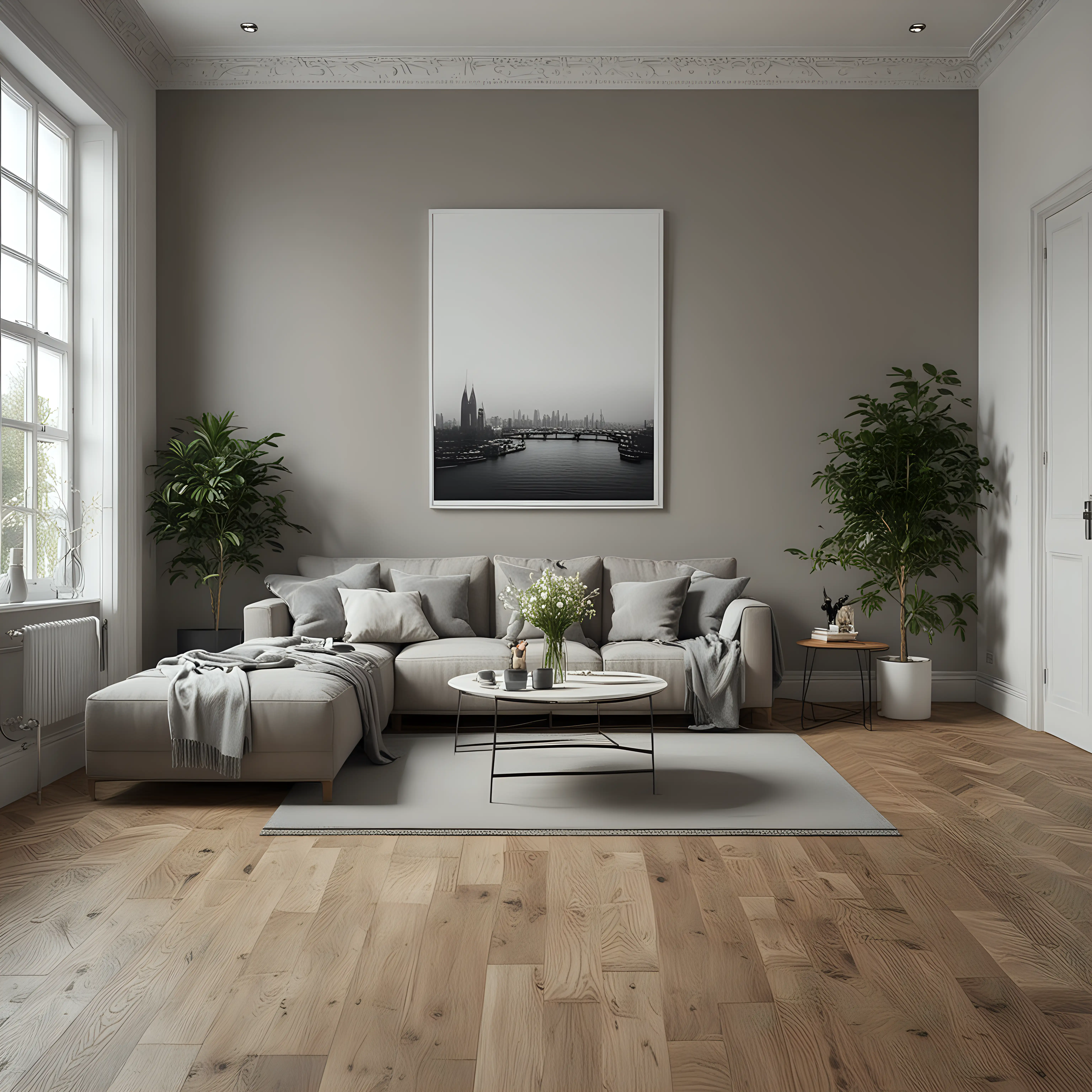 Create a photo realistic image of a contemporary living area in London. There is a blank canvass 90x90cm hanging on the wall.  The floor is dark oak parquet. The colour palette is grey and white.