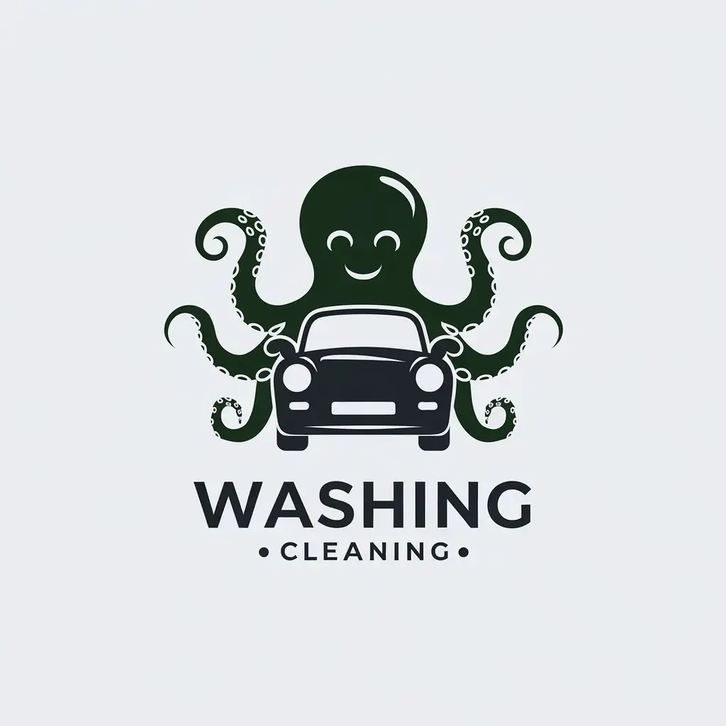 LOGO Design for Washing Cleaning Dark Green Smiling Octopus Hugging Black Car with Minimalistic Style for Automotive Industry