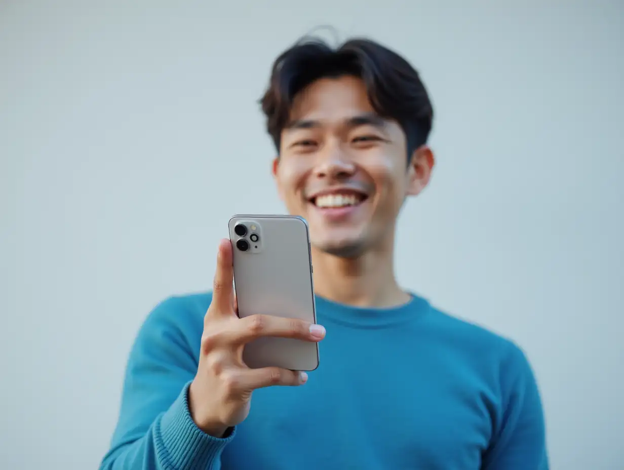 Gen-Z-Asian-Man-Smiling-While-Holding-New-Smartphone