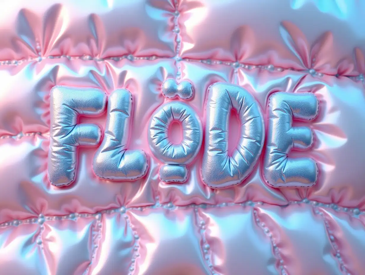 inflated textile that is risen, with alot of clear inward-sewn cross seams. Centered is the text: FLÖDE in bold ultra clear letters, high-definition, 16k, The letters are flat against the surface, with the inflated textile close all around it.  The textile features are iridescent chrome foil vaporwave texture with a oil pastel refraction effect, low-saturation, low-key lighting