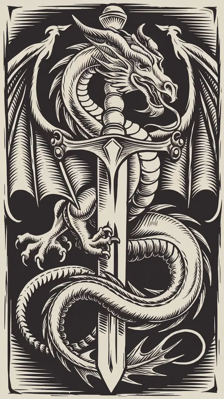 Intricate-Dragon-Coiled-Around-Sword-in-Medieval-Engraving-Tattoo-Design