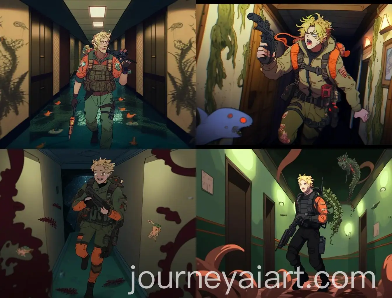 Blonde-Man-in-Orange-Life-Jacket-with-Gun-in-SeaweedCovered-Hallway