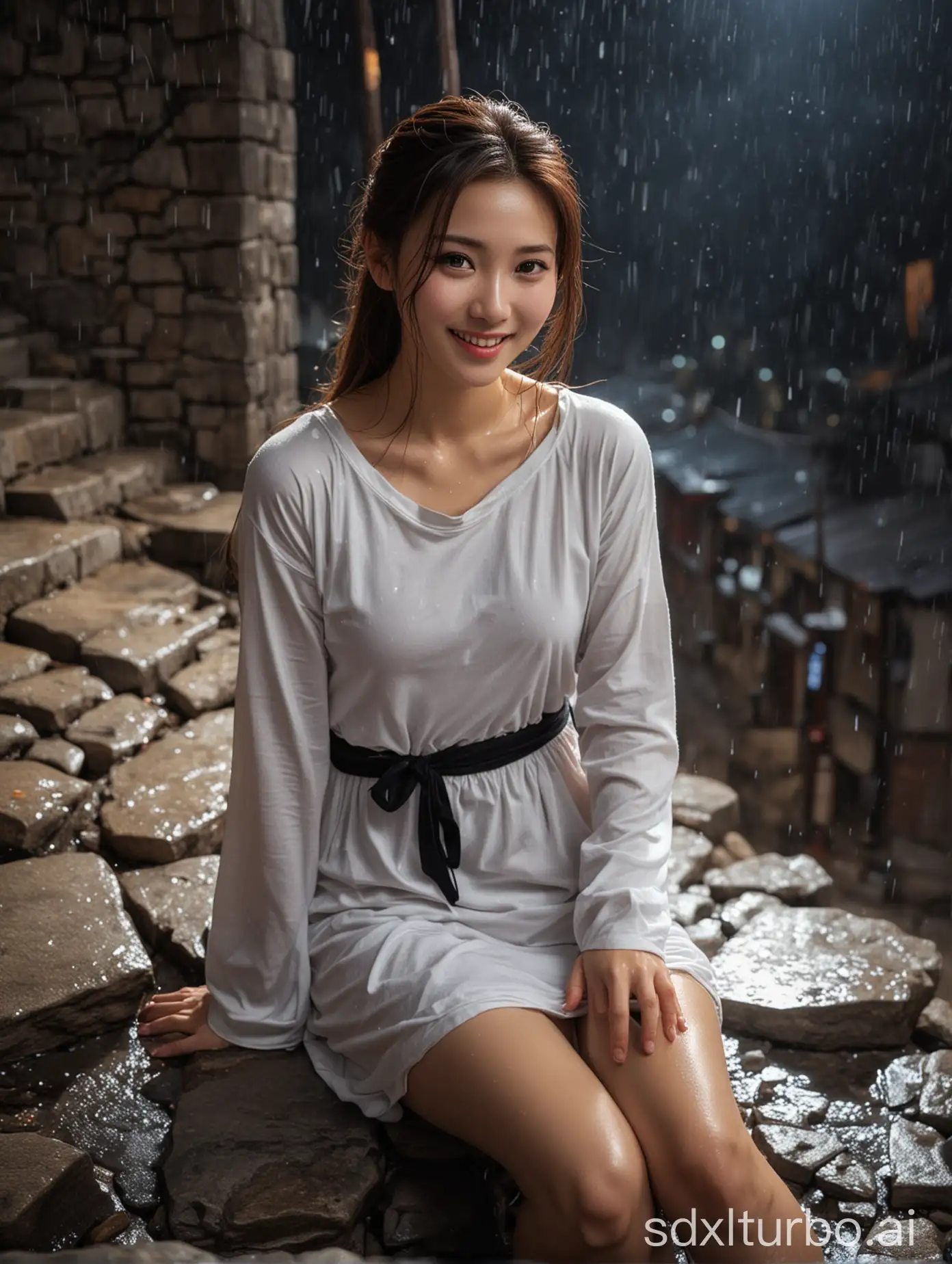 Chinese-Woman-in-Wet-White-Dress-Sitting-on-Stone-in-Village-During-Winter-Rain